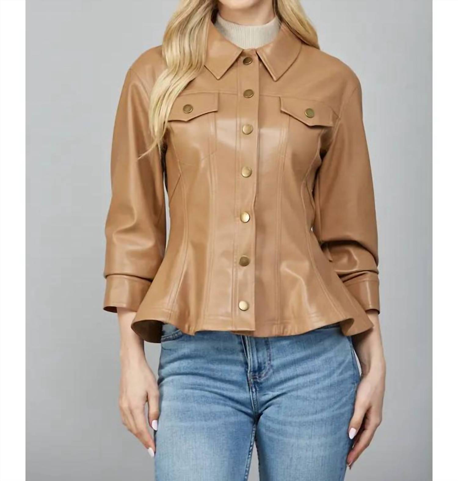 Fate by LFD Valentina Peplum Leather Jacket in camel - women's jacket