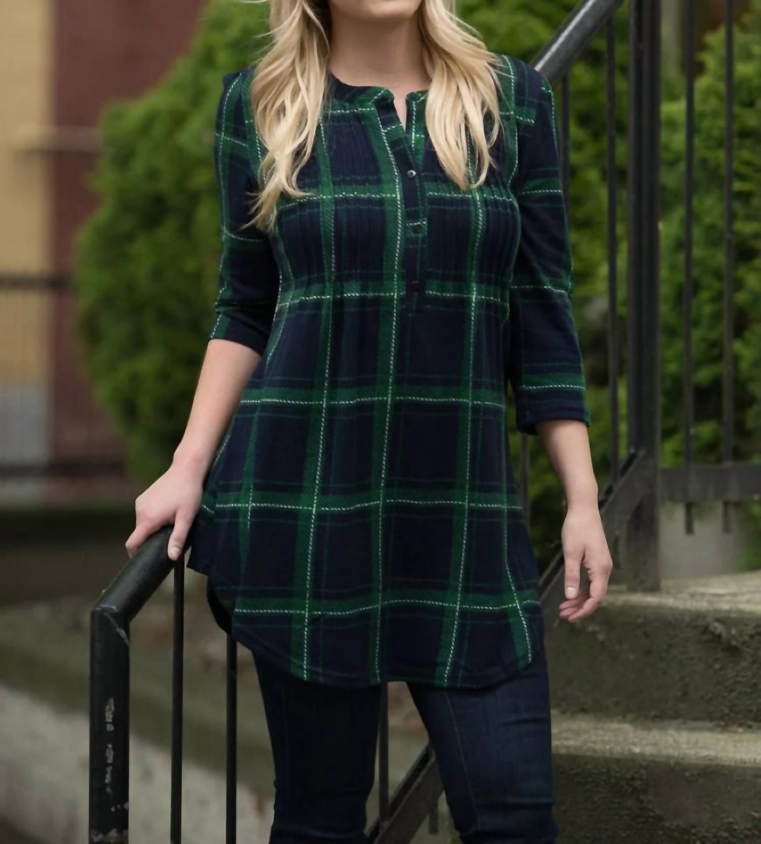 Papillon - Plaid Tunic With Pleat Detail