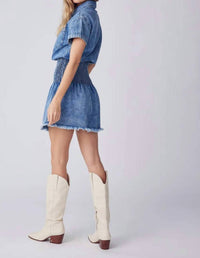 BluIvy Button Up Smocking Waist Denim Mini Dress in blue - women's dress - view 4