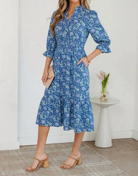 Unishe - Tonal Floral Midi 3/4 Sleeve Dress