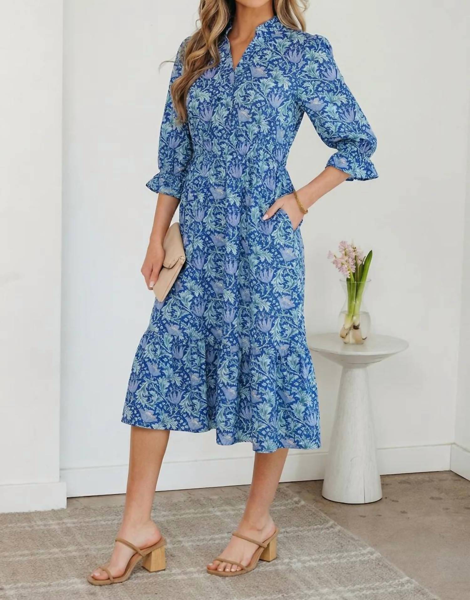 Unishe - Tonal Floral Midi 3/4 Sleeve Dress