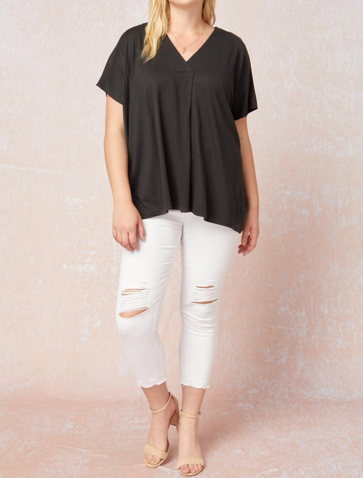 entro Short Sleeve Placket Top in black - women's blouse - view 6