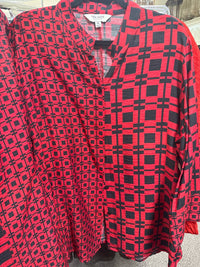 TRU LUXE Women's Abstract Check Button Up Tunic Top in red - women's shirt