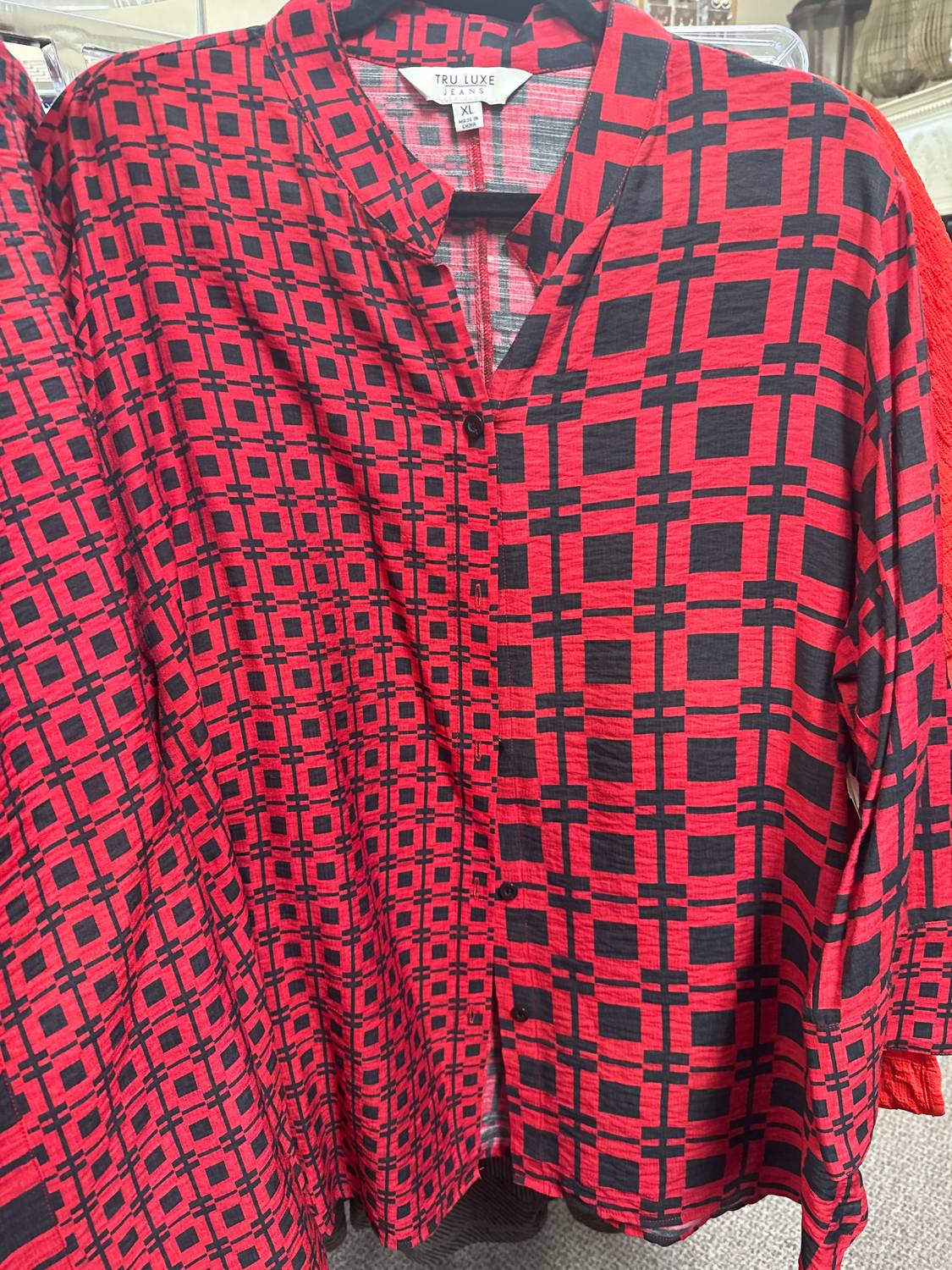 TRU LUXE Women's Abstract Check Button Up Tunic Top in red - women's shirt