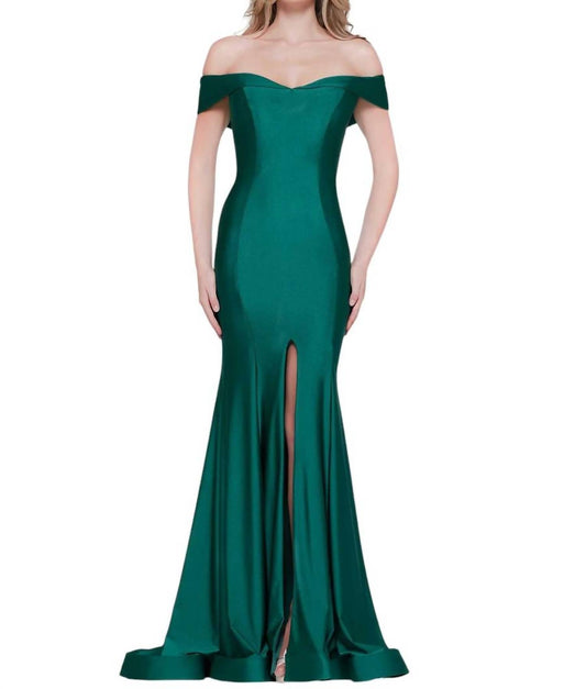 Colors Dress - Off Shoulder Front Slit Satin Mermaid Gown