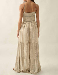 PROMESA Geometric Print Ruched Wide-leg Tiered Ruffle Jumpsuit in oatmeal - women's pants - view 4