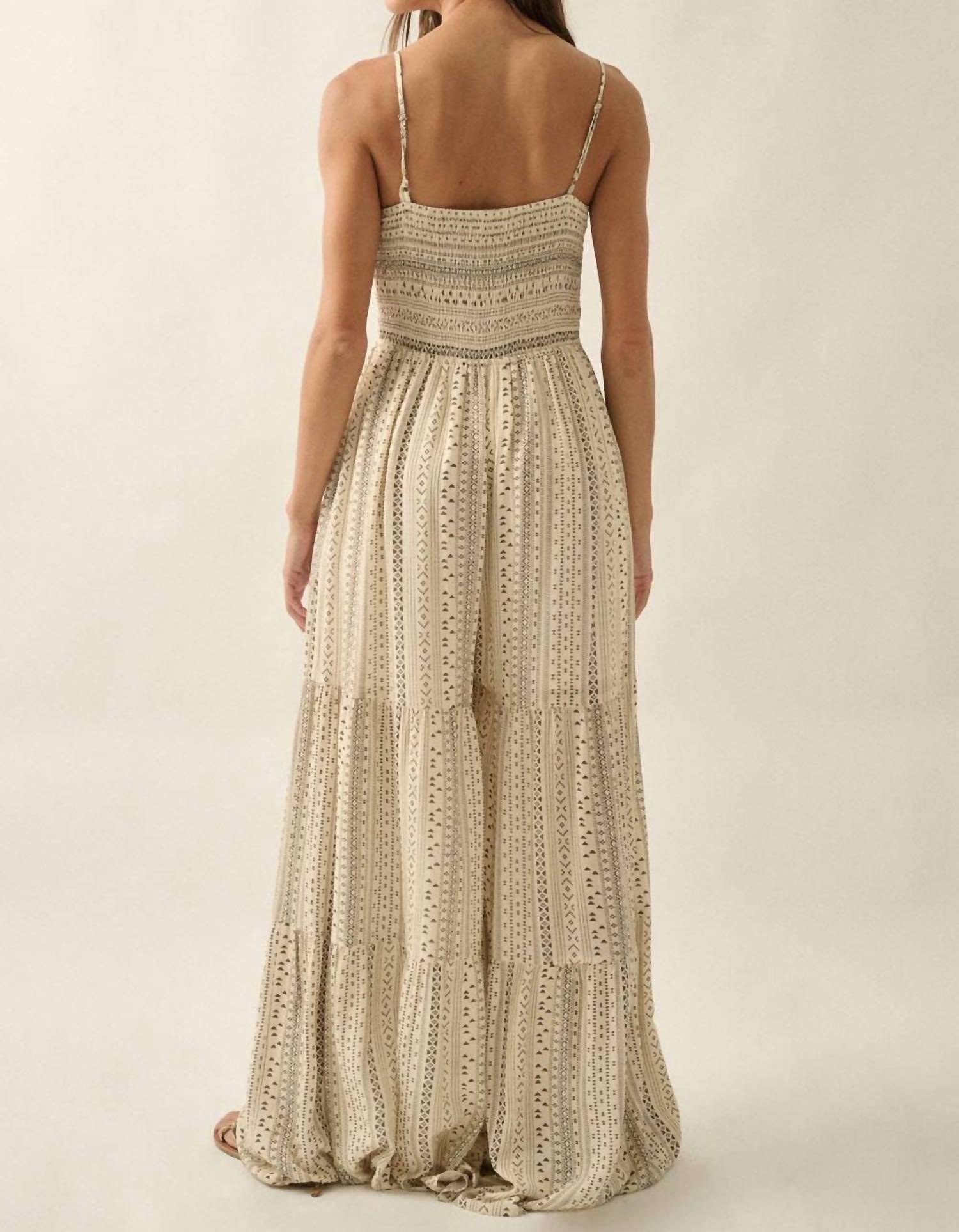 PROMESA Geometric Print Ruched Wide-leg Tiered Ruffle Jumpsuit in oatmeal - women's pants - view 4