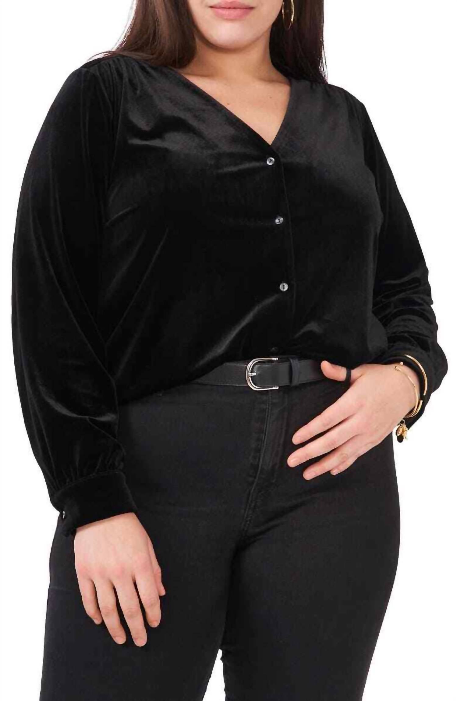 1.State - V-neck Velvet Button Front Top