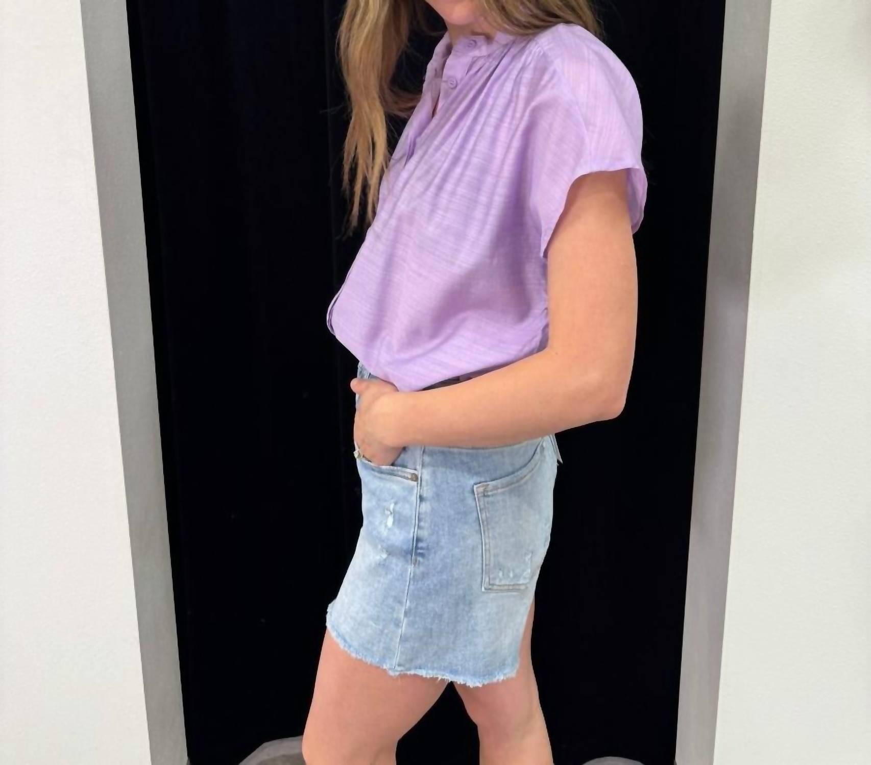 Vine & Love Henley Neckline Button Down Top in lavender - women's blouse - alternate view