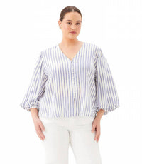Karen Kane - Stripe Layered Sleeve Shirred Blouse - Plus