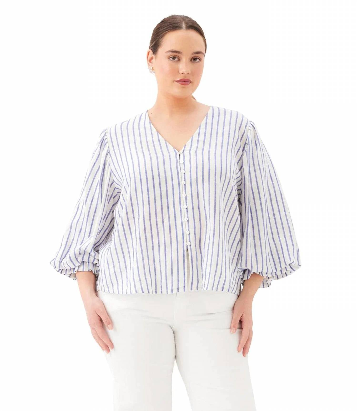 Karen Kane - Stripe Layered Sleeve Shirred Blouse - Plus