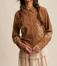Listicle Caspia Embroidered Western Shirt in brown - women's blouse - alternate view