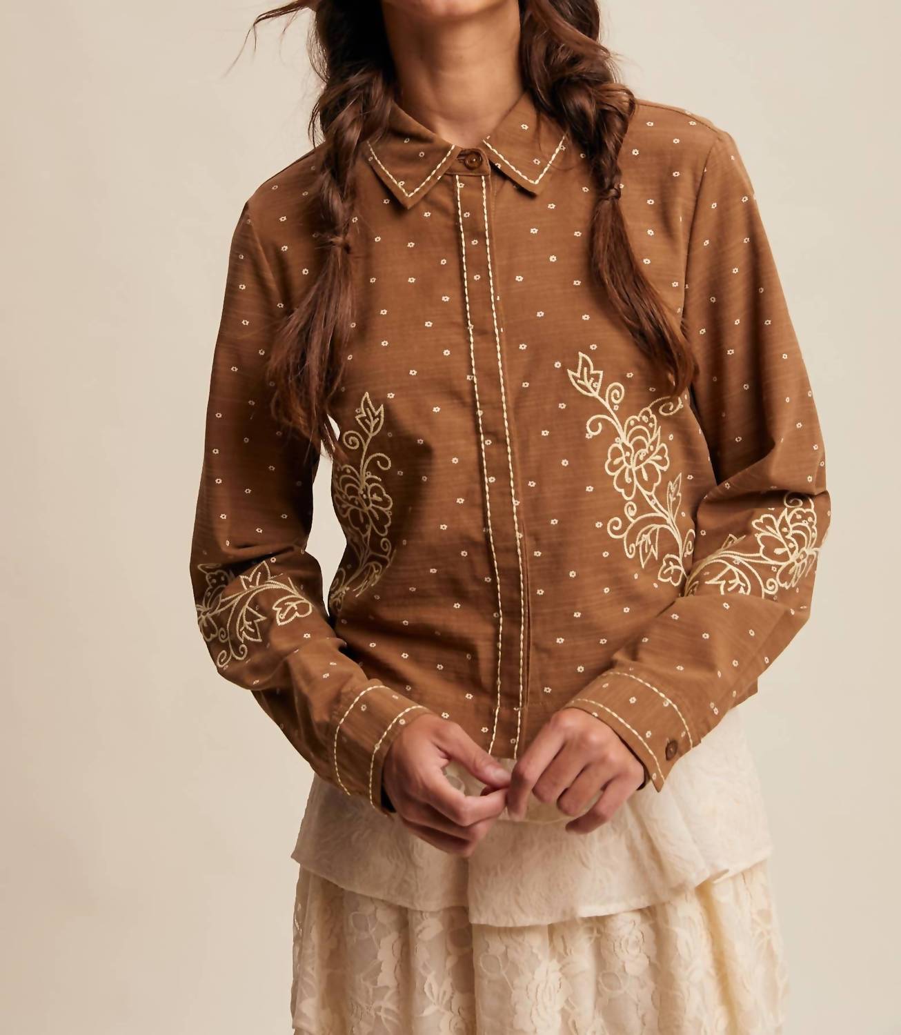 Listicle Caspia Embroidered Western Shirt in brown - women's blouse - alternate view