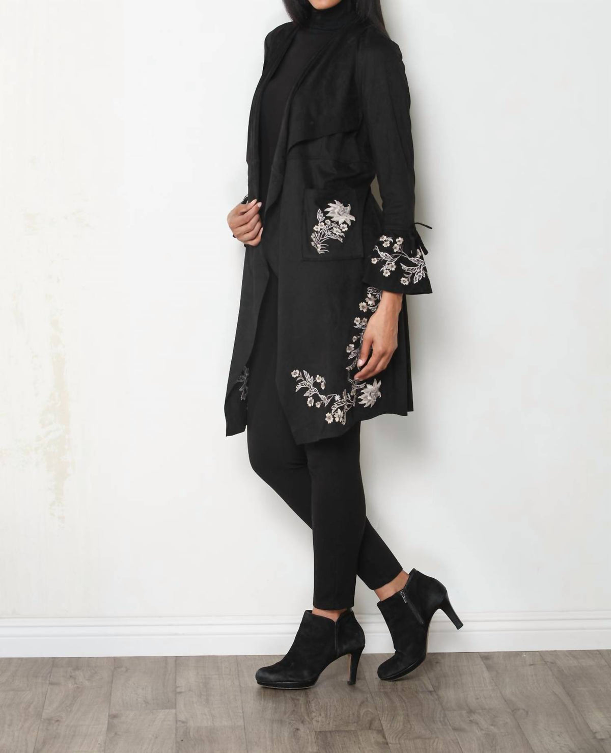 Paparazzi - Faux Suede Embroidered Drape Front Bell Sleeve Jacket