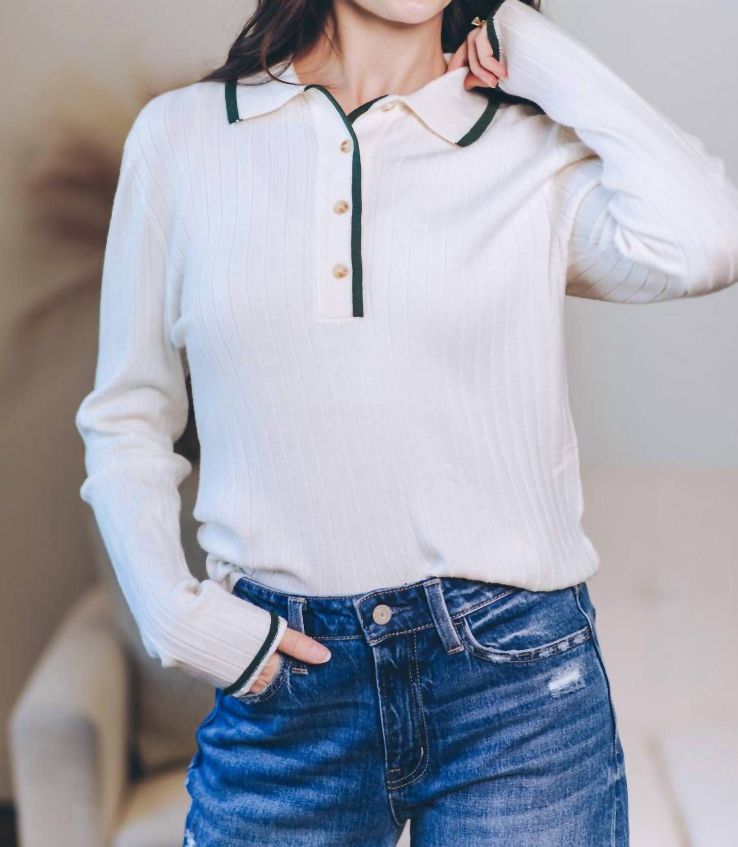 In February Quietly Elegant Sweater Polo in cream - women's long sleeve top - view 4