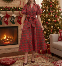 entro Plaid Puff Sleeve Midi Dress in red - women's dress