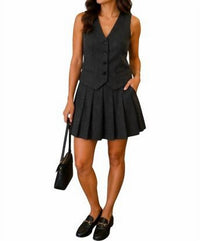 She + Sky - Sleeveless Woven Striped Vest Pleated Mini Dress