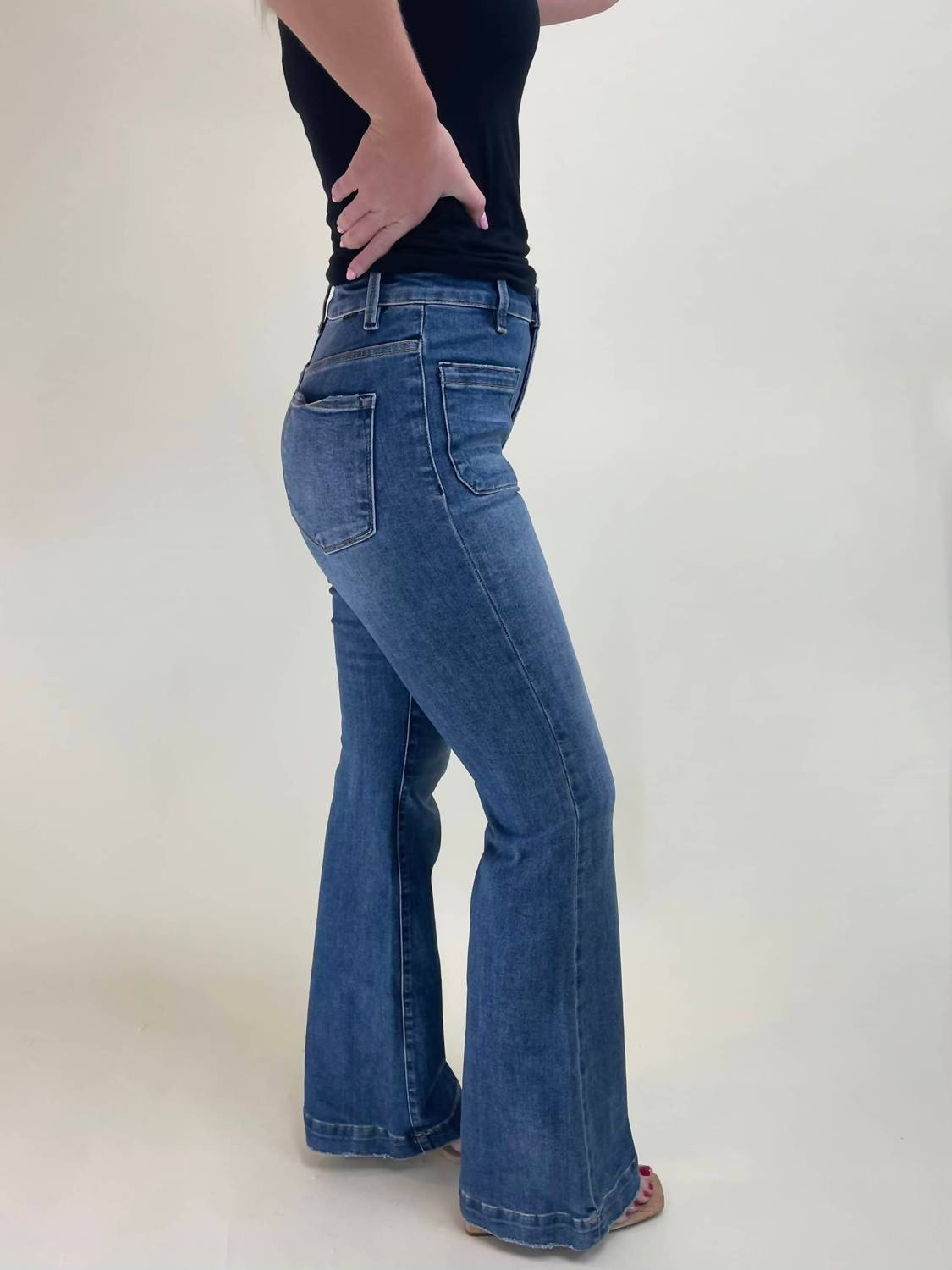 Risen - High Rise Patched Pocket Flare Jeans