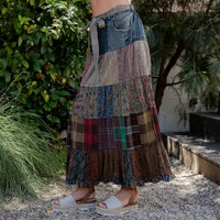 Young Threads - Patchwork Belted Maxi Skirt