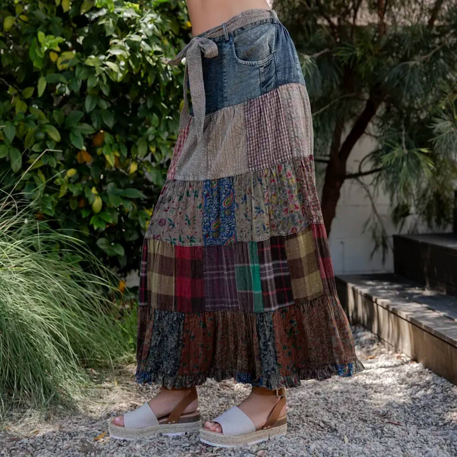 Young Threads - Patchwork Belted Maxi Skirt