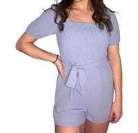 eLook Smocked Square Neck Waist Tie Romper in blue - women's pants