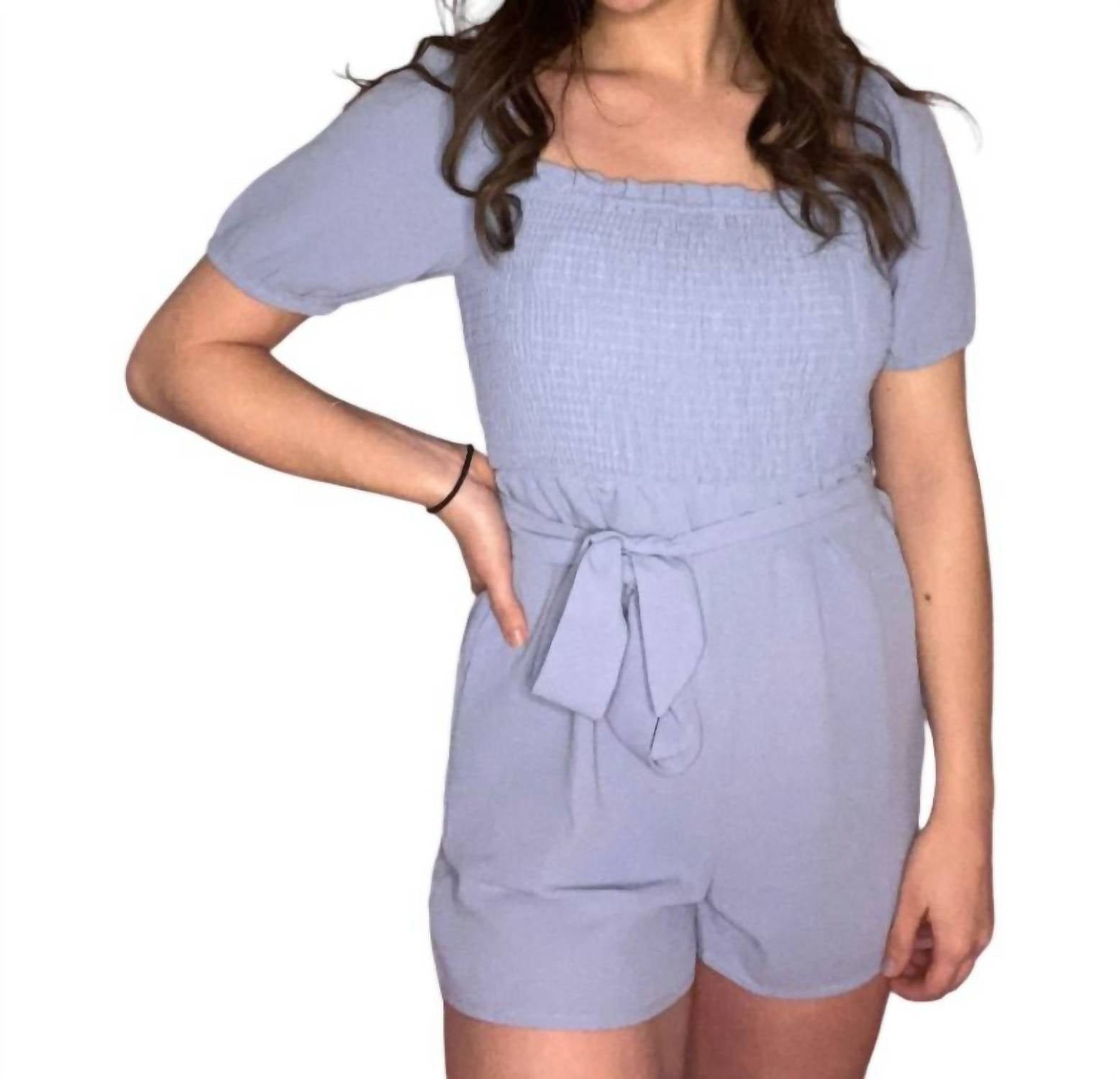 eLook Smocked Square Neck Waist Tie Romper in blue - women's pants