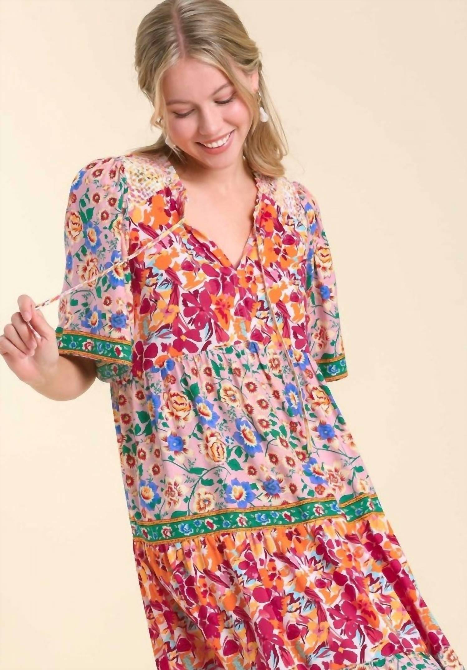 Umgee - Mix Floral Print Tiered Dress