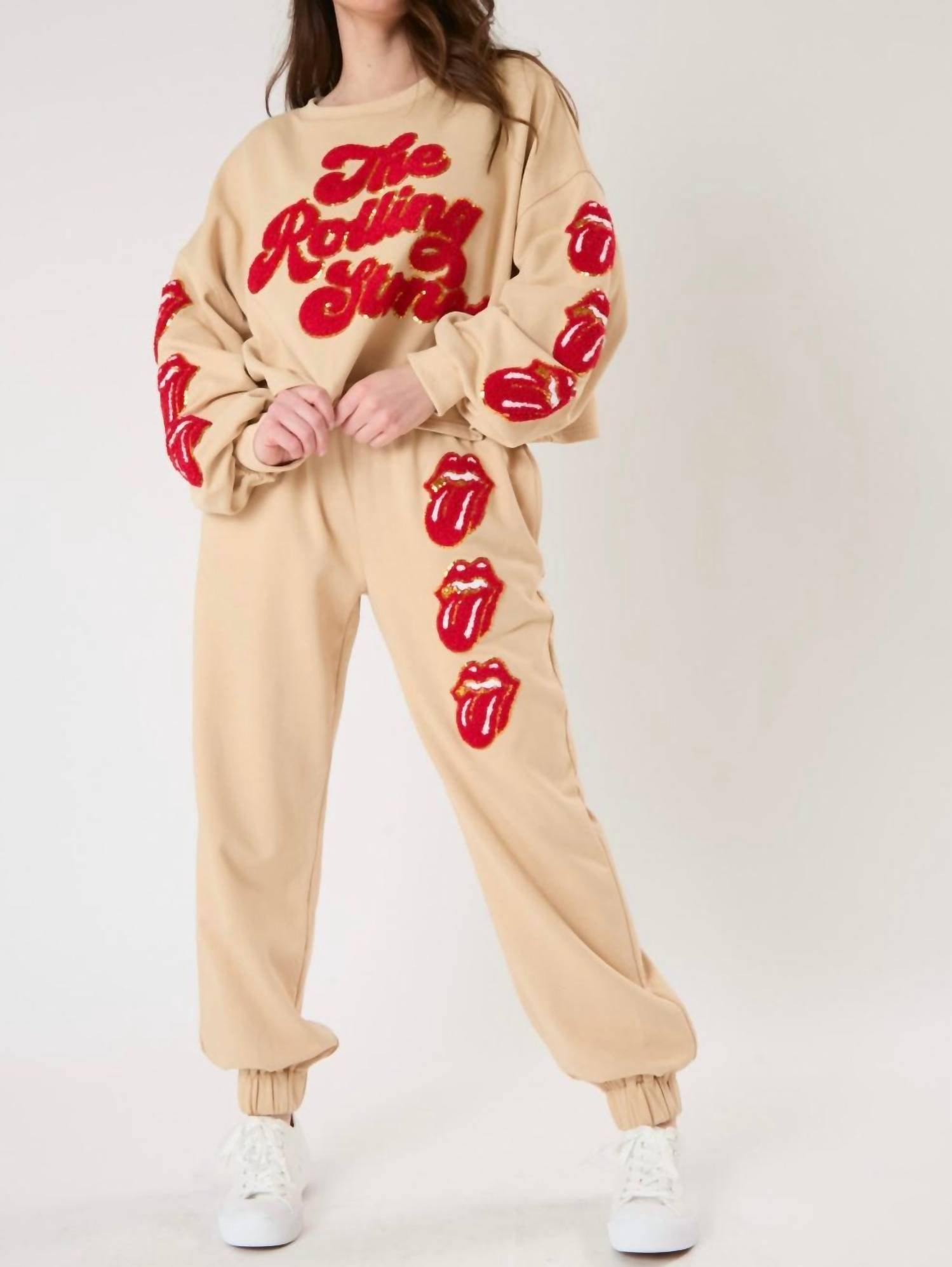 FANTASTIC FAWN Licensed Rolling Stones Joggers in beige - women's pants - detail view