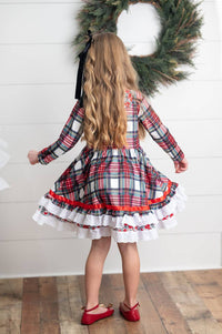 Adorable Sweetness - Girl's Holiday Christmas Plaid Lace Ruffle Bow Back Dress