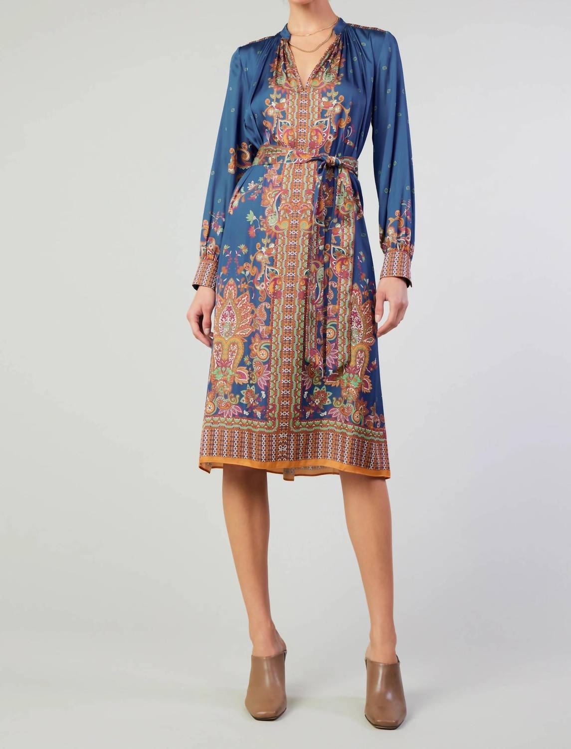 current air Border Print Long Sleeve Dress and Sash in navy - women's dress