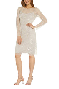 Adrianna Papell - Long Sleeve Embellished Mesh Dress