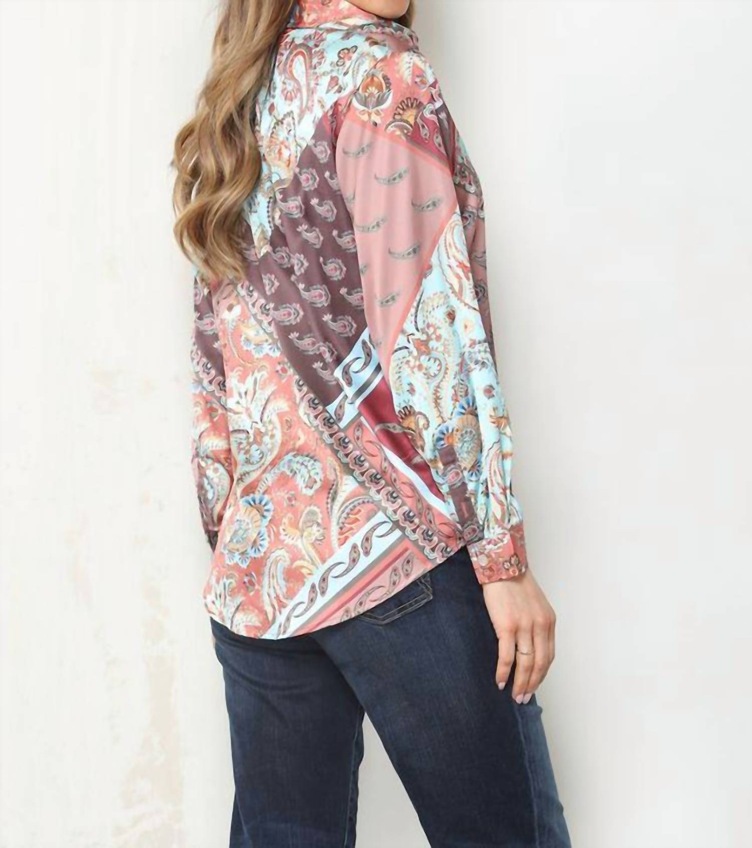 PAPARAZZI Satin Print Long Sleeve Shirt in patchwork - women's shirt - alternate view