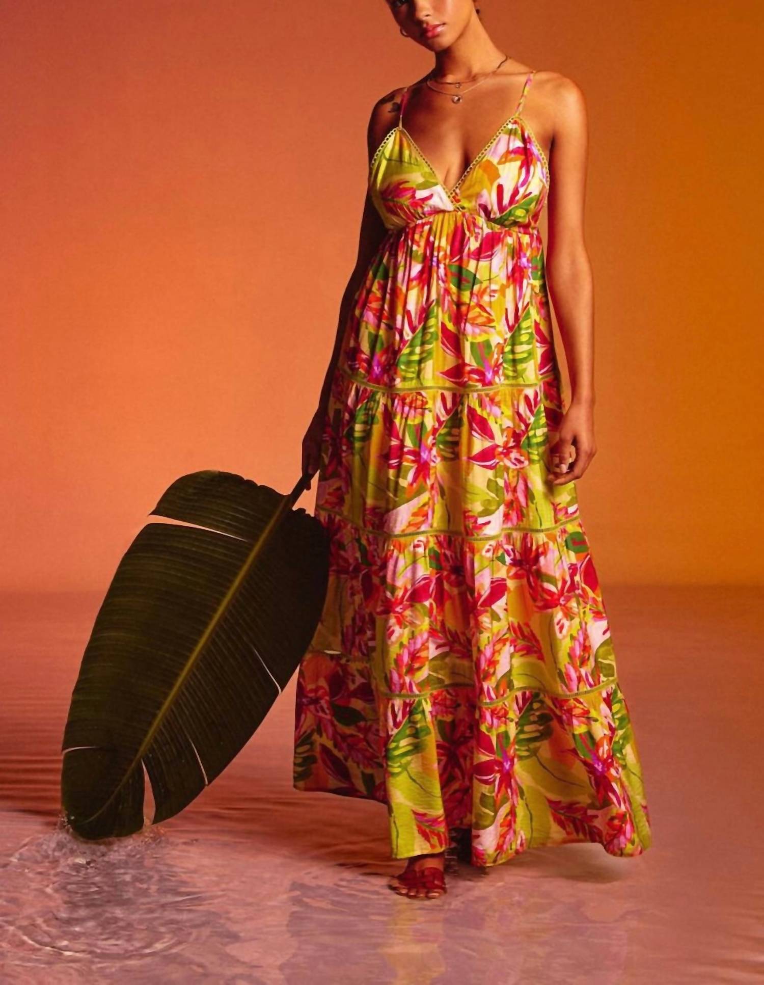 DRESS FORUM Lace Trim Tiered Maxi Dress in lime pink - women's dress