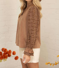 Voy - Fuzzy Lace Long Sleeve Ruffle Detailed Corduroy Top