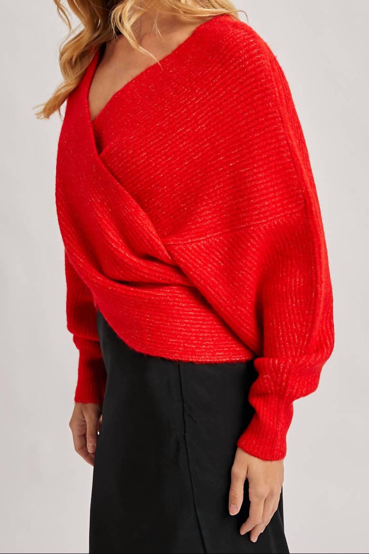 Bluivy - Wrap Crossover Ribbed Fuzzy Knit Sweater