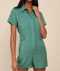 Lulus Cuteness Awaits Linen Collared Short Sleeve Romper in green - women's pants