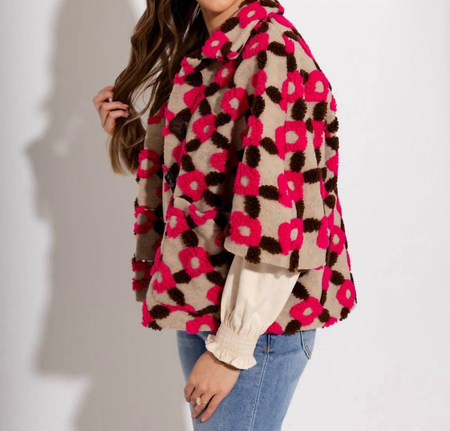 Ivy Jane Pop Flower Capelet Jacket in brown pink floral - women's jacket - detail view