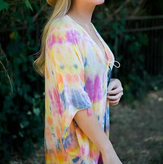 Top It Off - Boho Tie Dye Lightweight Tassel Cover Up Kimono Wrap