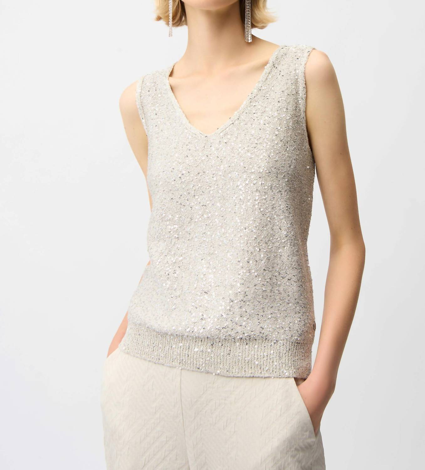 Joseph Ribkoff Sequins Yarn V-Neck Camisole in moonstone - women's shirt