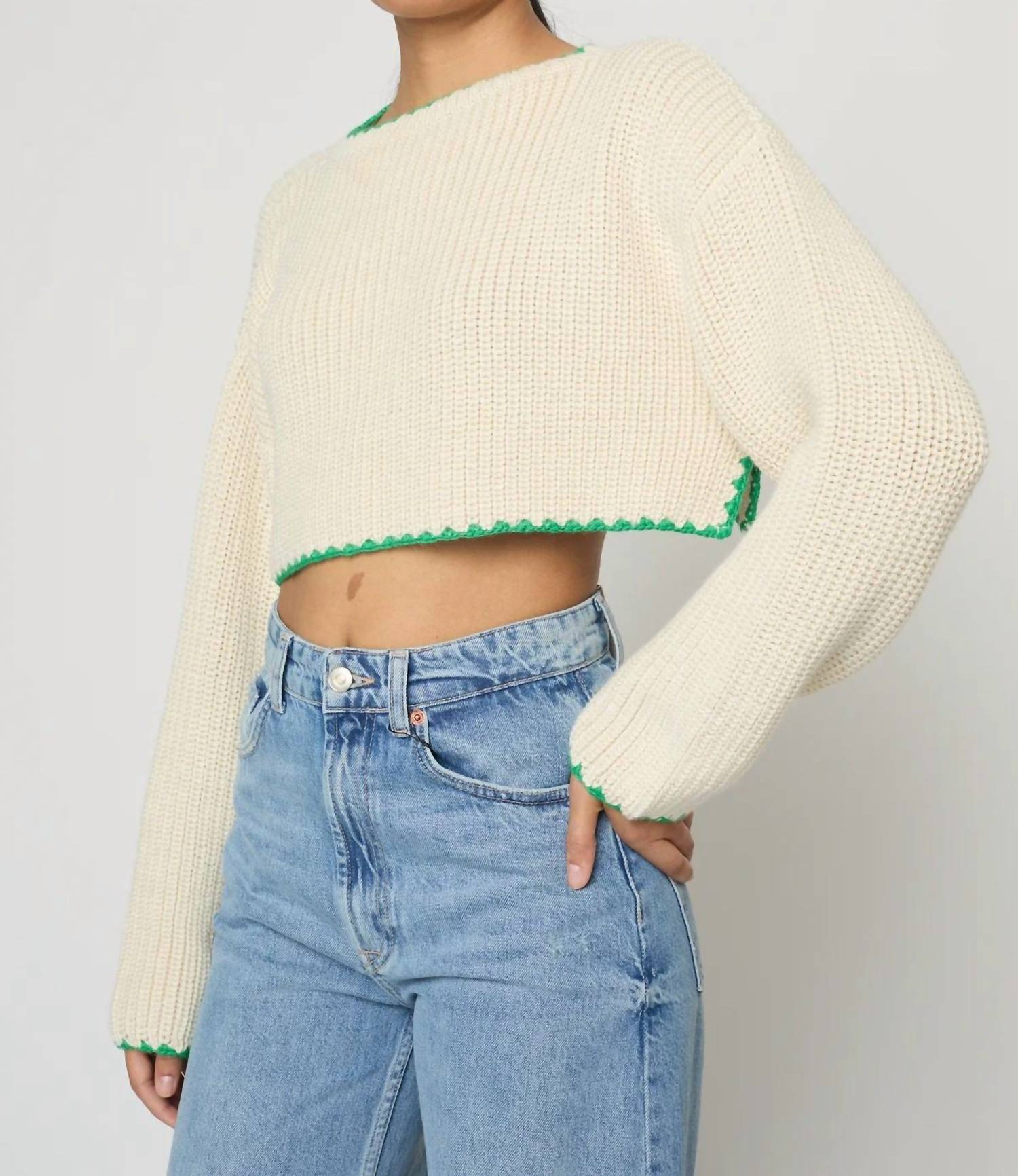 Atelier Delphine Aries Super-cropped Sweater Top in ivory green - women's shirt - detail view