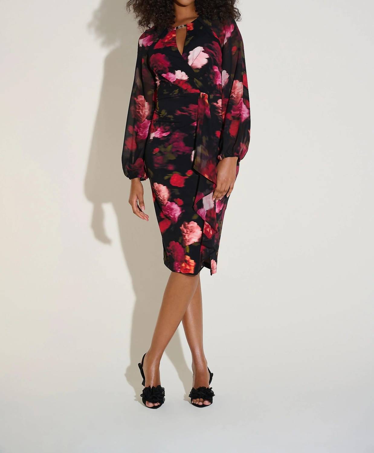 Joseph Ribkoff Floral Chiffon Puff Sleeve Sheath Dress in black multi - women's dress