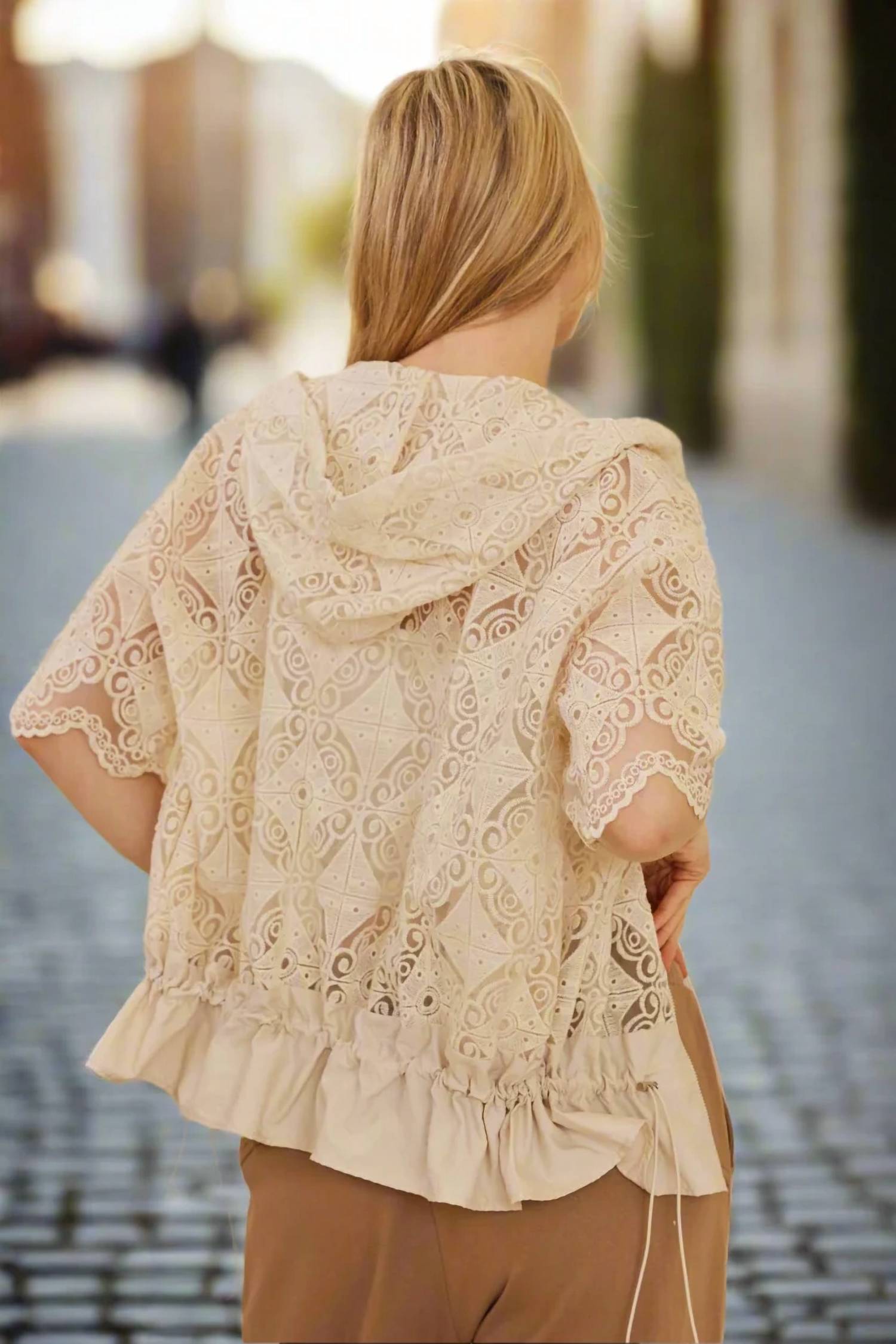 Mello - Zip Up Crocheted Laced Short Sleeve Top With Hood
