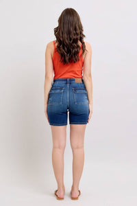 Judy Blue High Waist Bermuda Back Flap Denim Short in blue - women's shorts - detail view