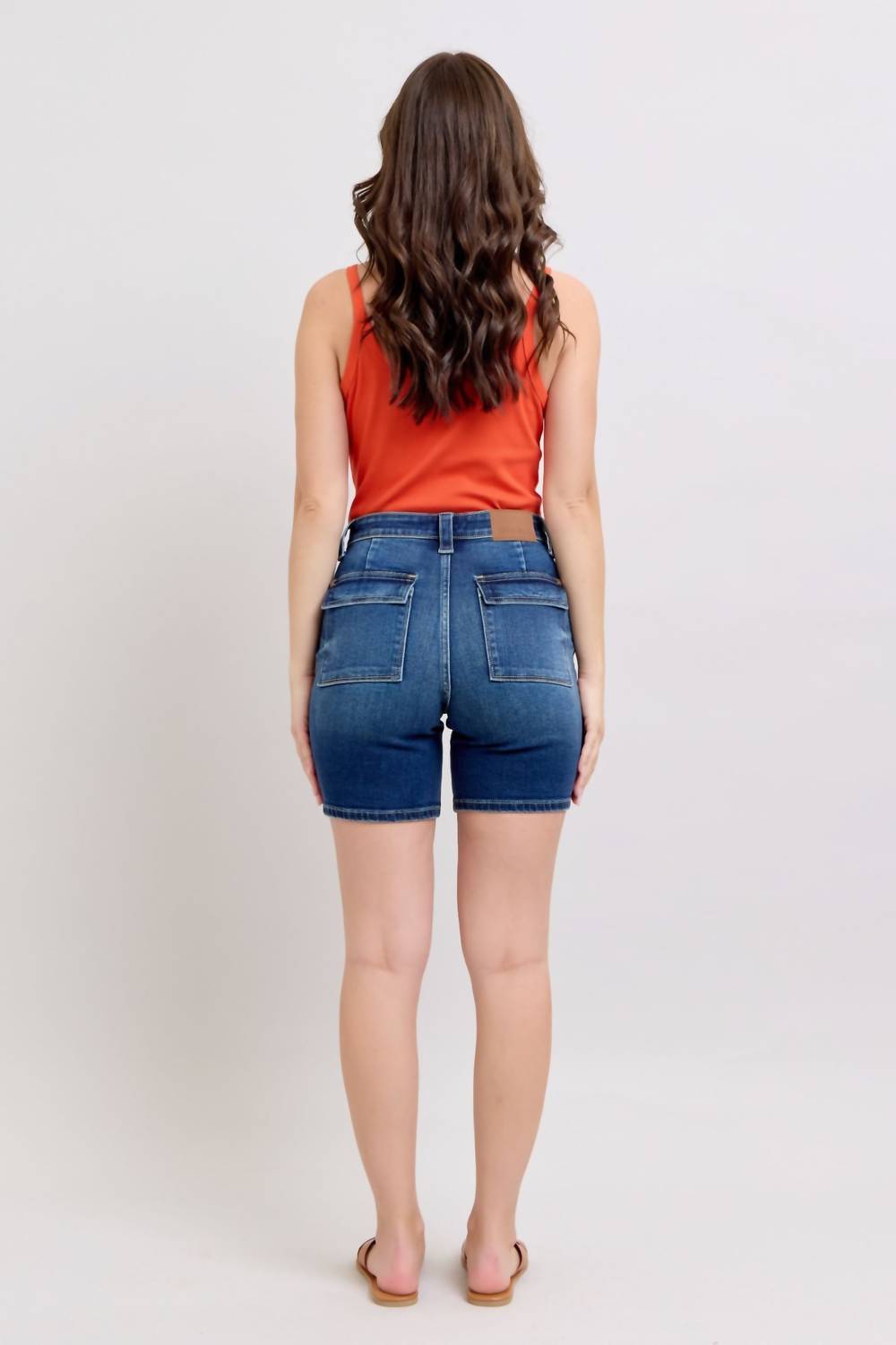 Judy Blue High Waist Bermuda Back Flap Denim Short in blue - women's shorts - detail view