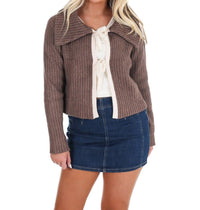 In February - Nostalgic Charm Contrast Bow Ribbed Cardigan