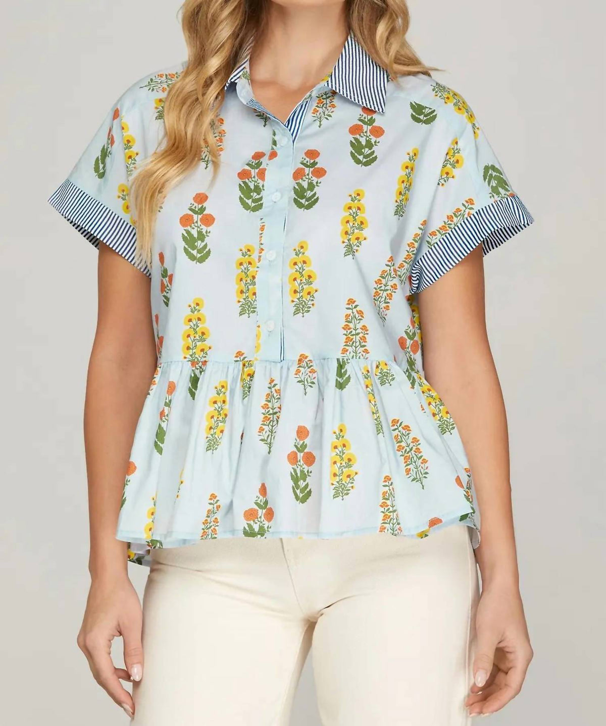 She + Sky - Drop Shoulder Button Down Printed Top