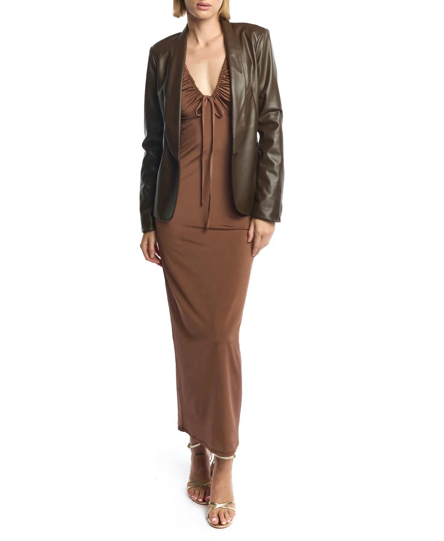 LBLC THE LABEL Toby Faux Leather Blazer in maple brown - women's jacket - alternate view
