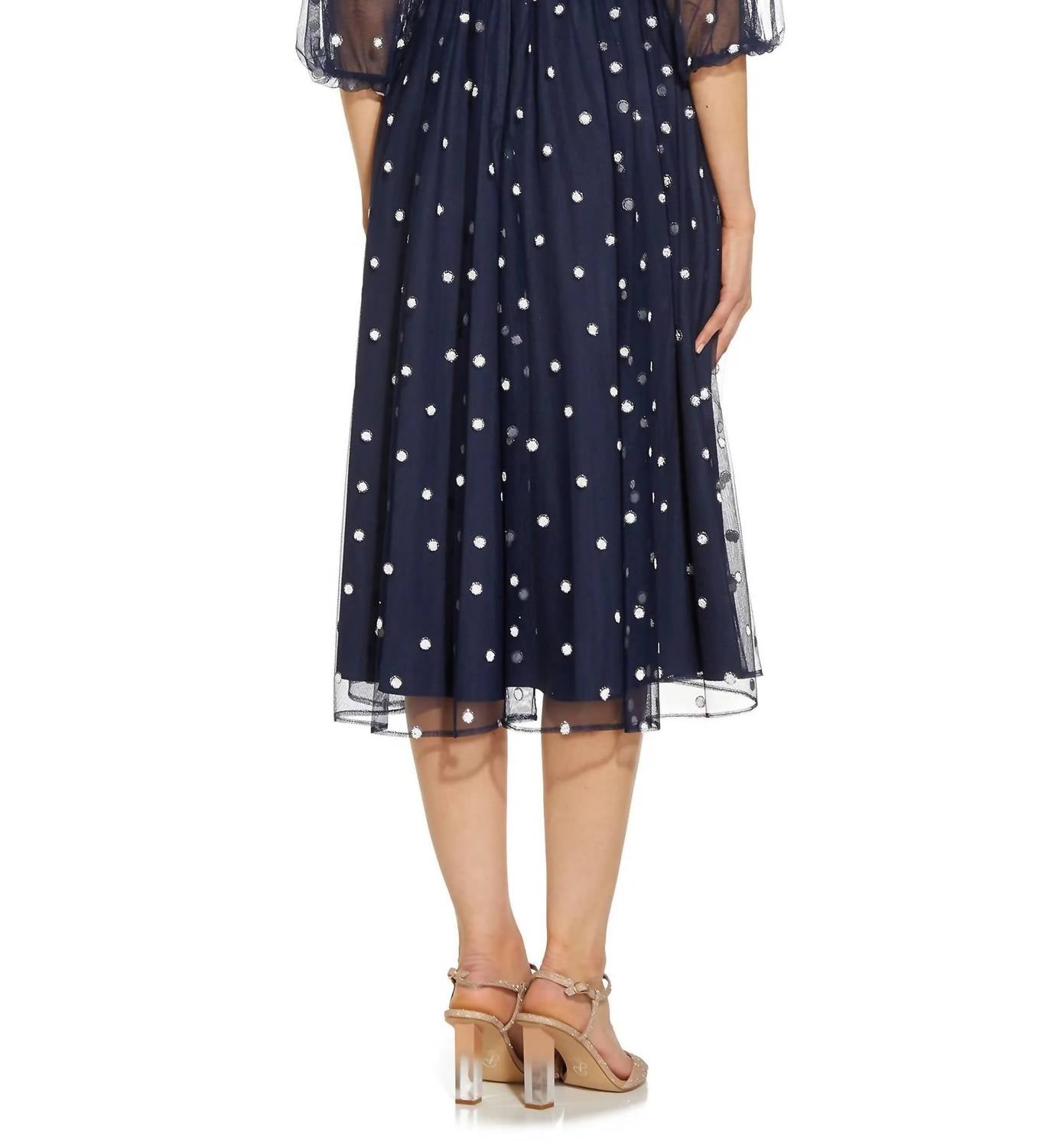 Adrianna Papell - Surplice V-neck 3/4 Sleeves Beaded Midi Dress