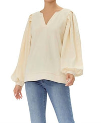 Jodifl - V-neck Mineral Washed Top With Pleated Sleeves