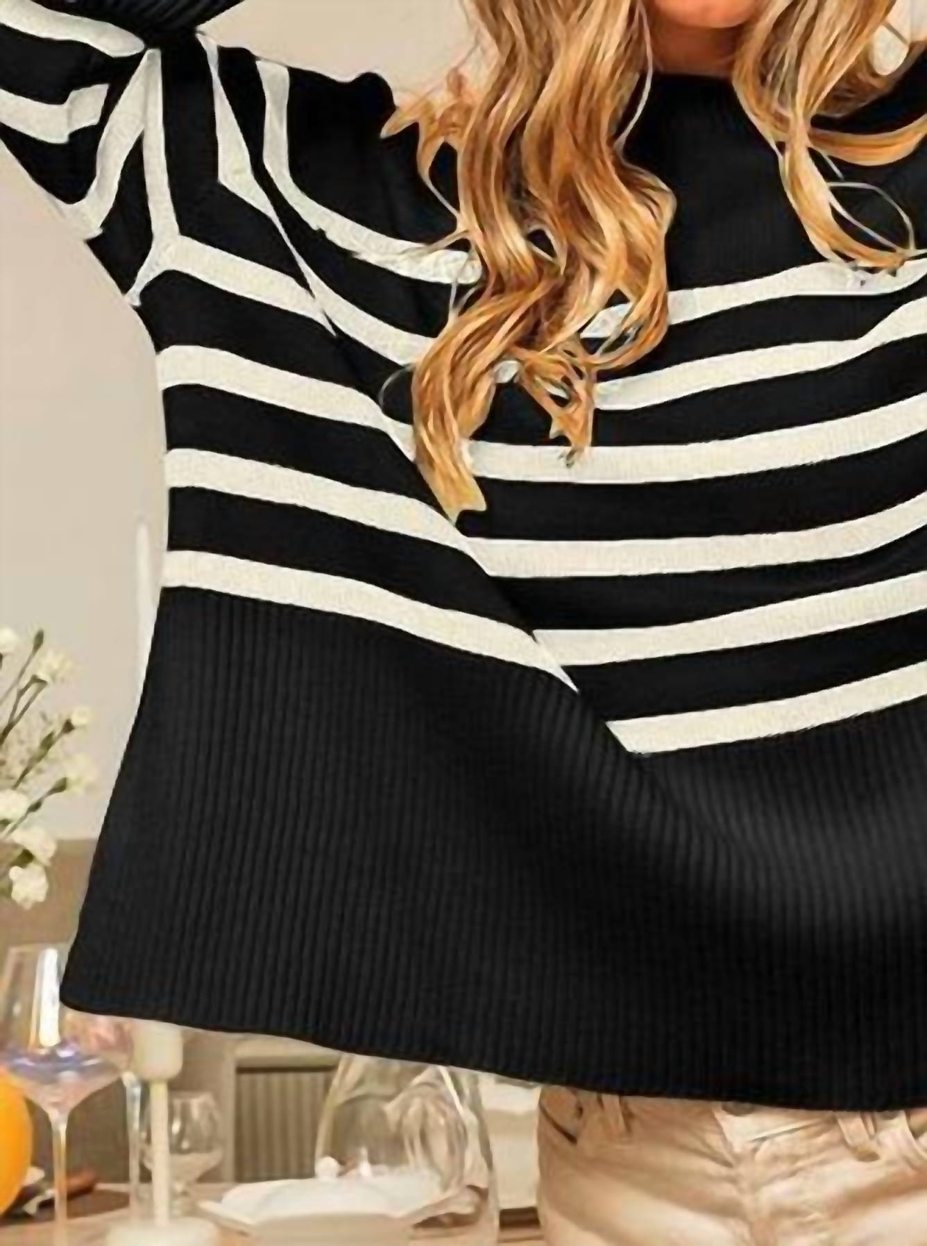 La Miel - Super Soft Striped Mock Neck Loose Fit Sweater
